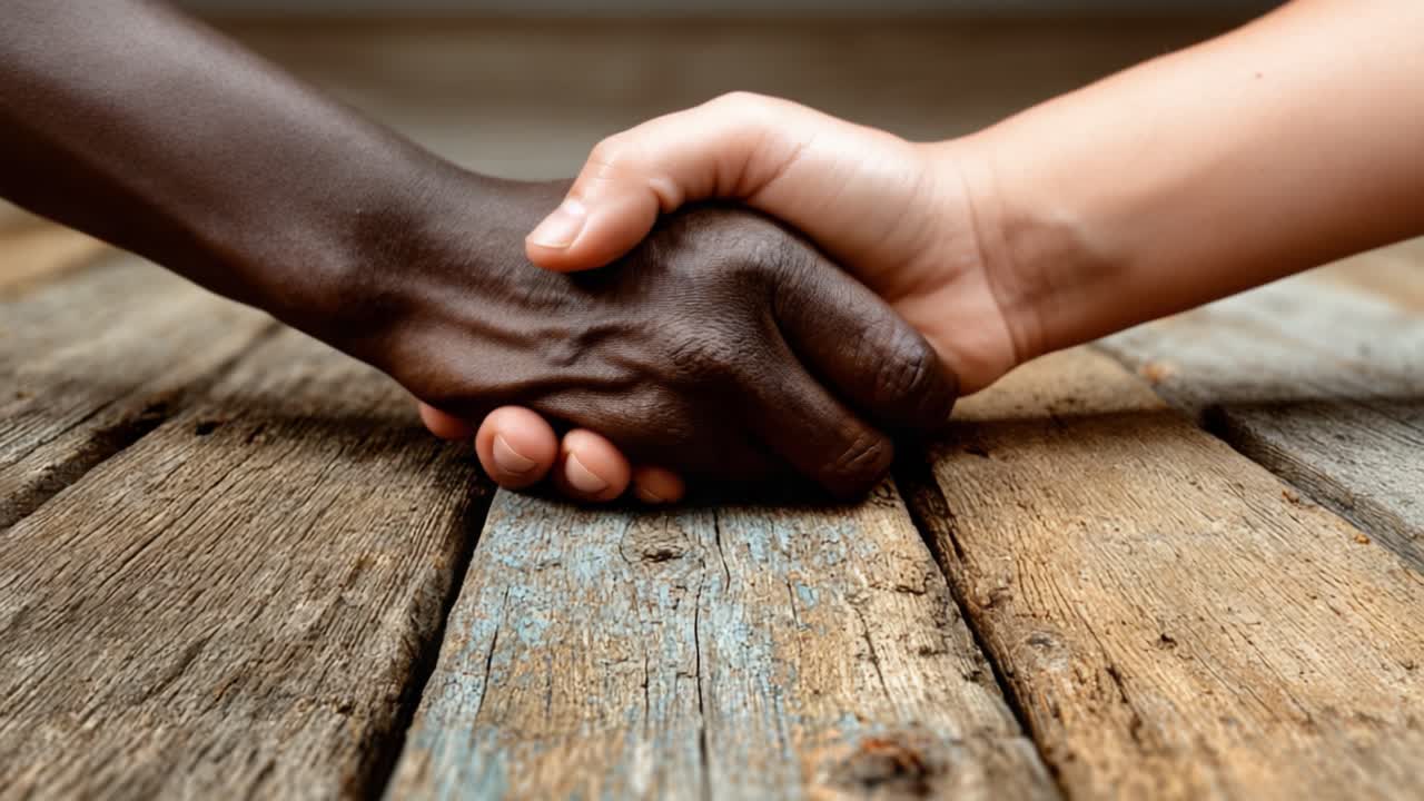 A Heartfelt Connection: The Power of Unity and Understanding Demonstrated Through a Simple Handshake on Rustic Wooden Flooring