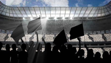 animation of silhouettes of sports fans cheering over sports stadium