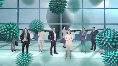 animation of macro coronavirus covid-19 cells spreading over business people standing in an airport