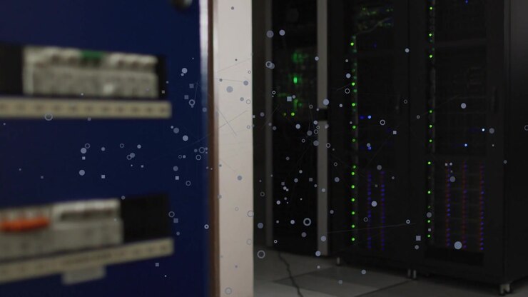 Camera shifting focus to server racks right, LEDs pulsing, particles drifting for data center audit