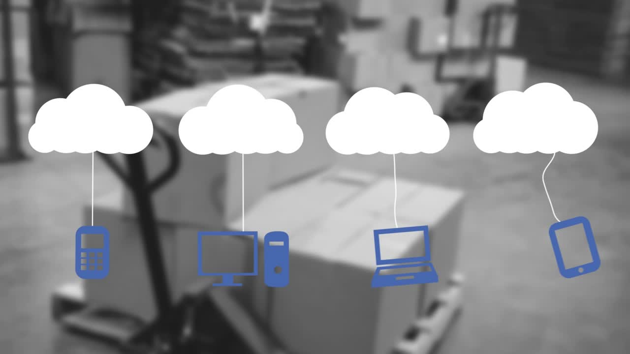 Animation of media icons over warehouse