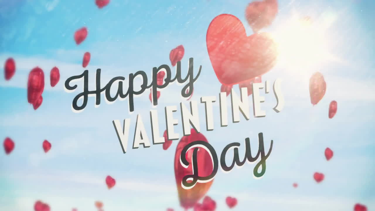 Animation of happy valentine's day text with red hearts over sky with sun