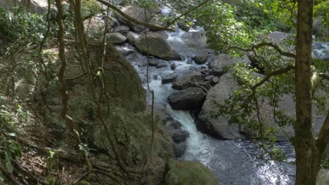 Mountain-Stream---Fresh-Water-Flowing-Into-Rocky-River-In-The-Forest