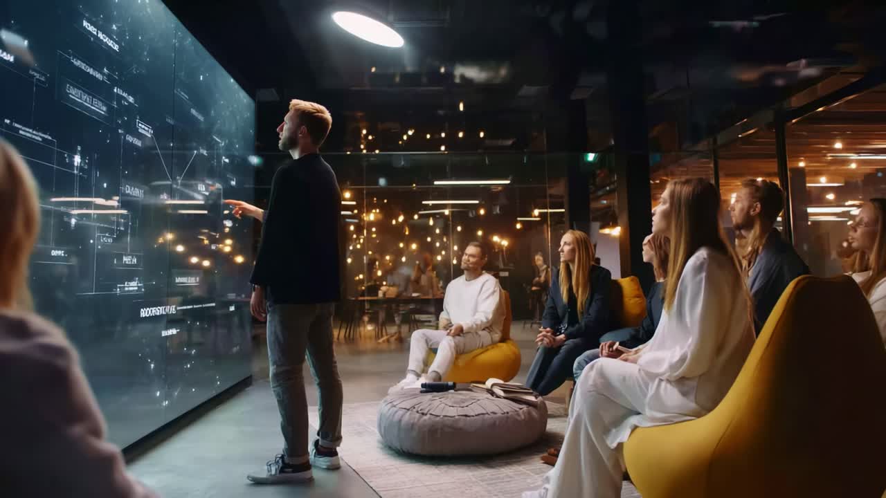 A team of professionals engaged in a collaborative presentation, analyzing data and insights displayed on a large interactive screen while seated comfortably in a modern office environment