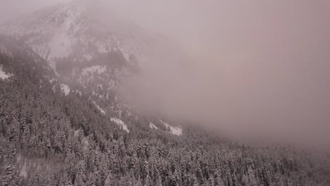 Cloudy-Aerial-of-Snowy-Mountains-and-trees-in-Utah-Canyon