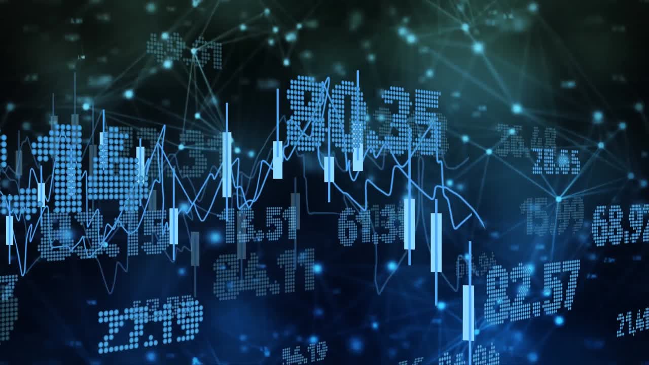 Animation of financial data processing with numbers over black background