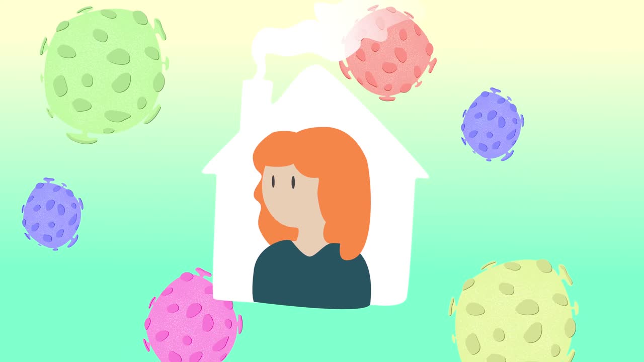 녹색 배경에 떠다니는 거대 코로나바이러스 코로나19 세포와 함께 집에 있는 사람의 애니메이션