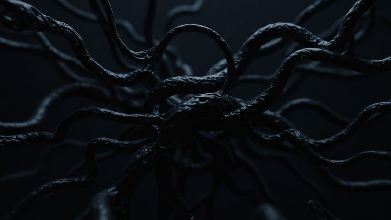 Un'esplorazione affascinante di astratti viticci scuri in movimento, che rivelano motivi intricati e texture uniche intrecciati in un ambiente misterioso.