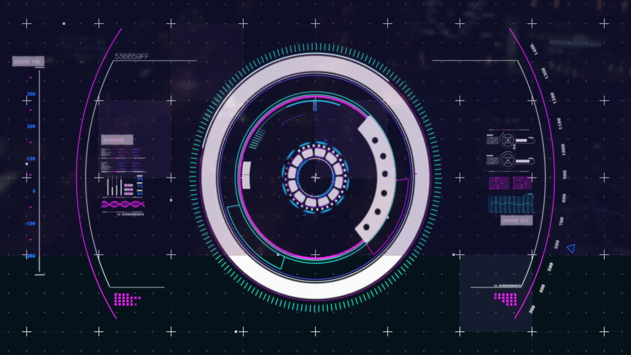 Futuristic HUD interface with circular elements and data processing animation