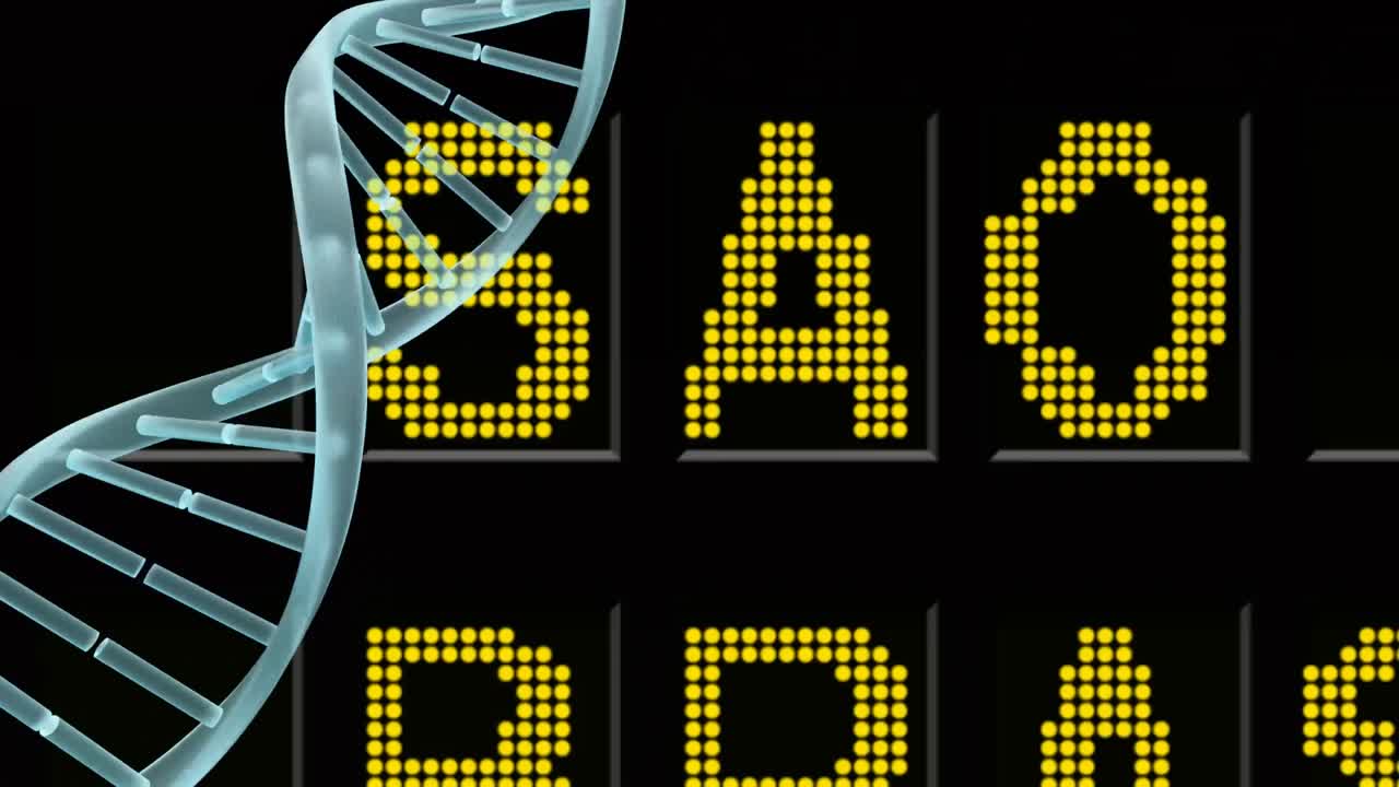 цифровая анимация структуры днк, вращающаяся против информационной доски аэропорта