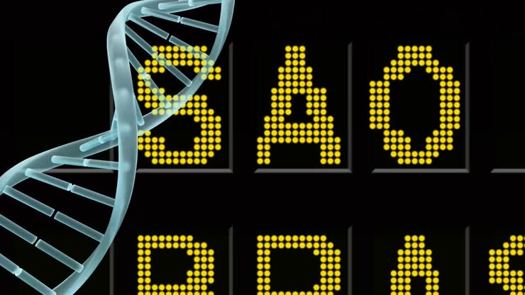 Digital animation of dna structure spinning against airport information board