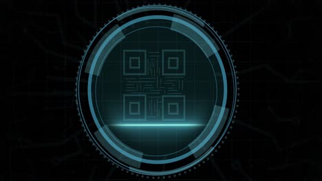 Animation-of-qr-code-in-circle-and-cyber-security-on-black-background