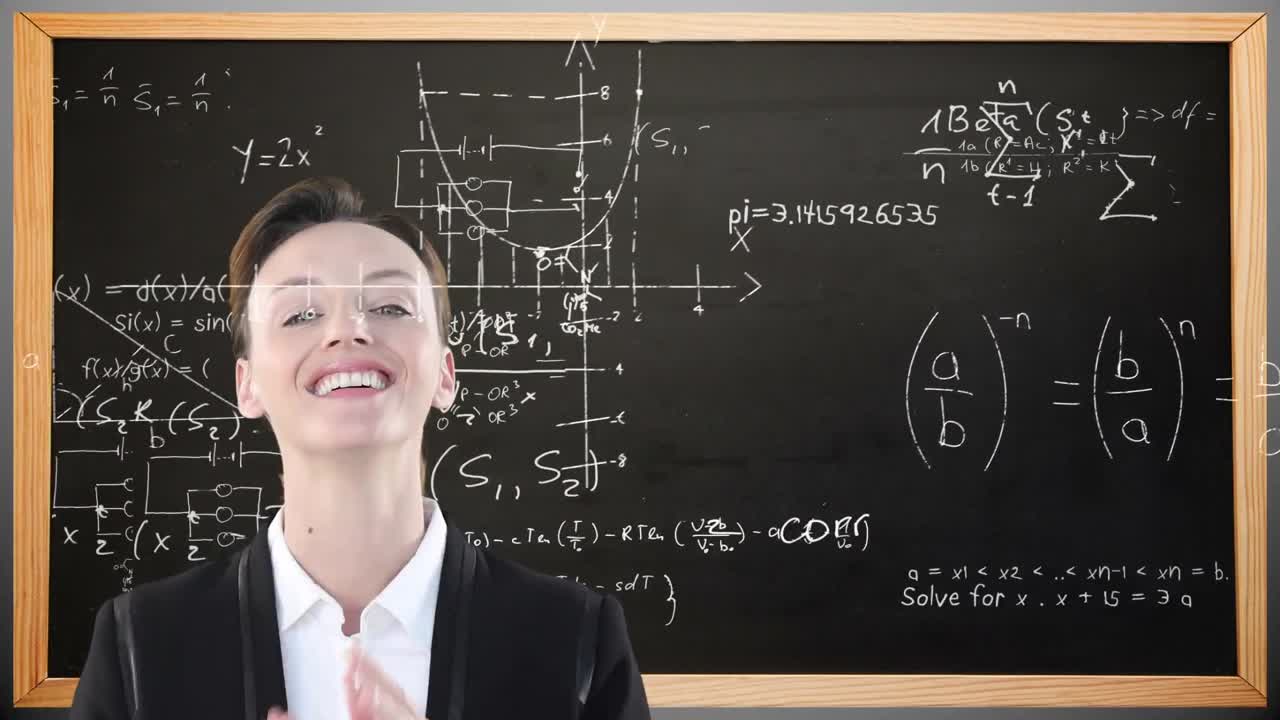Animation of Caucasian woman, standing in front of a chalkboard with floating mathematics formulae