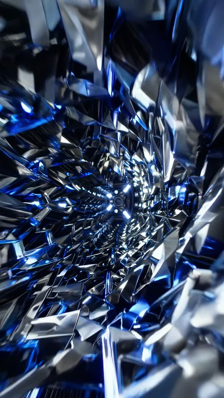 Spinning turbine creating dynamic visual pattern, metallic blue gray shards blending into energy driven abstract geometric composition depicting industrial precision and motion