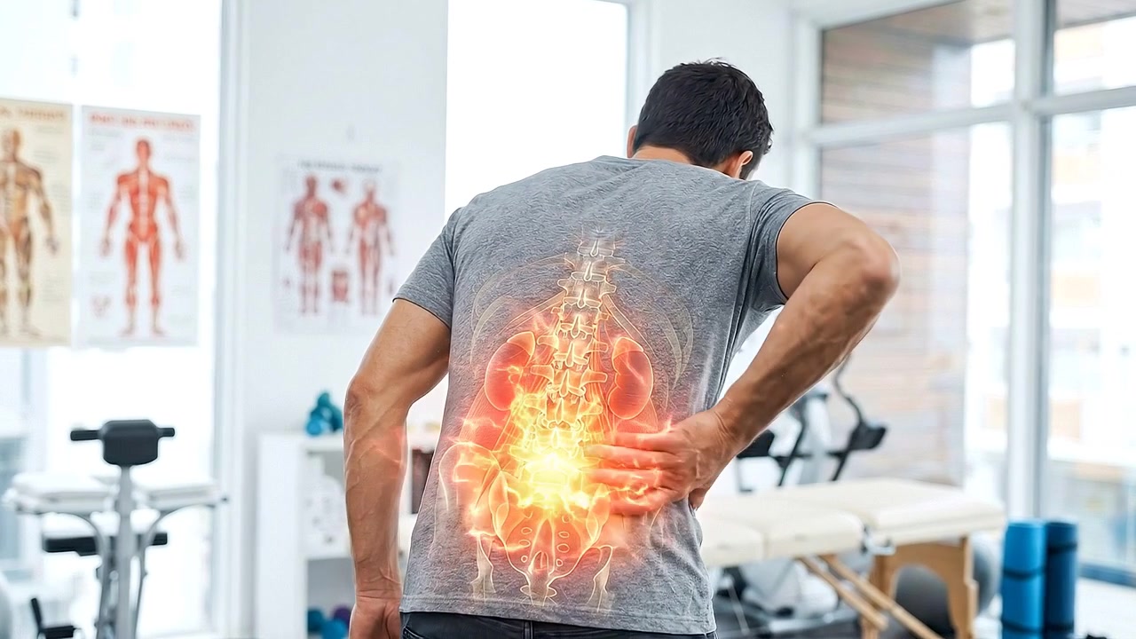 Man Experiencing Lower Back Pain in Physical Therapy Clinic