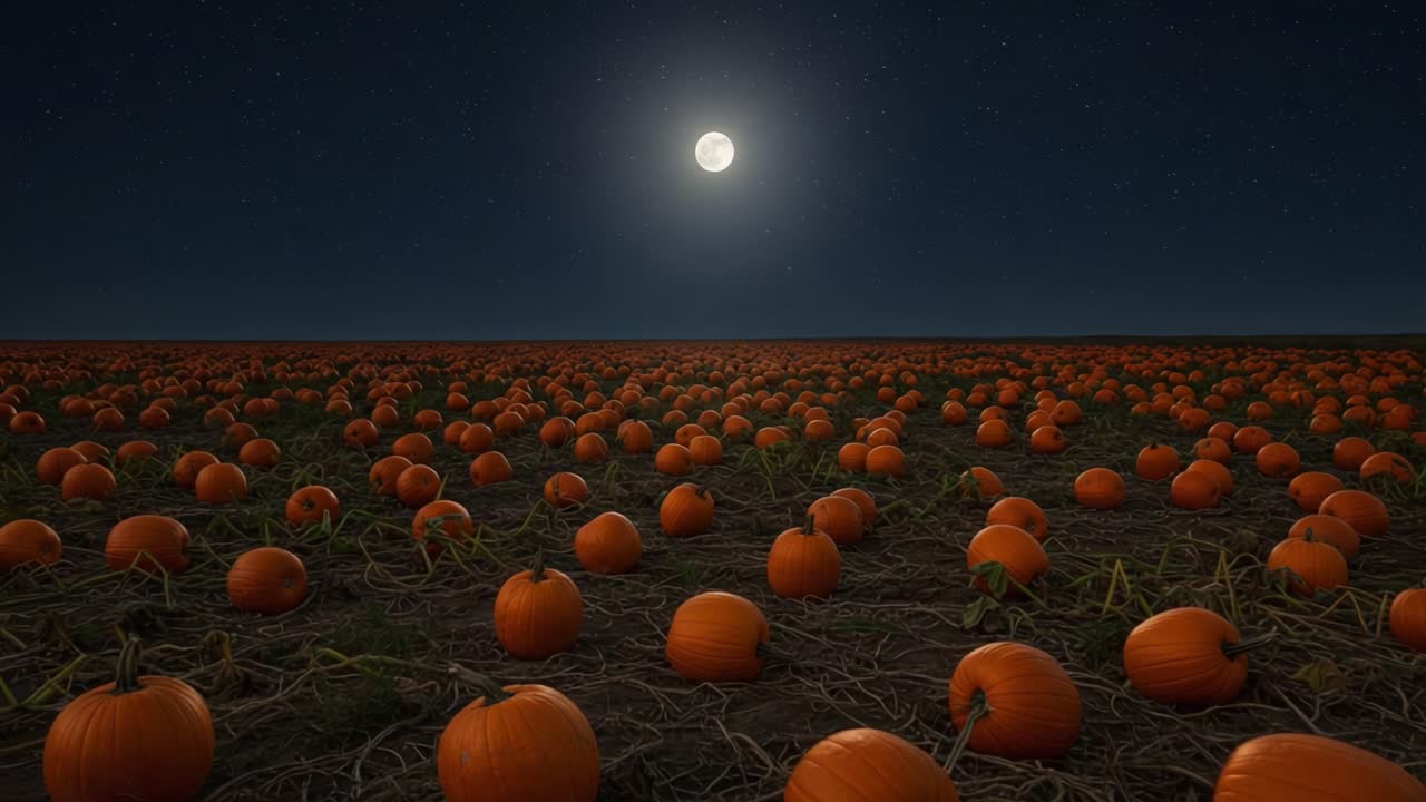 A Breathtaking Night Scene of a Vast Pumpkin Field Under a Full Moon, Illuminating the Harvested Crop with a Glowing Silhouette Against a Stellar Sky
