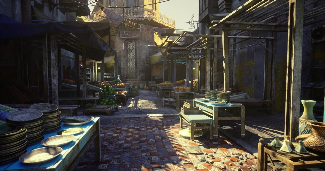 Sunlit marketplace featuring handcrafted goods and ancient shop facades
