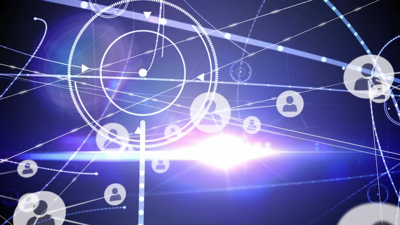 Single bright node pulsing, white avatars emerging and linking across space, showing network growth