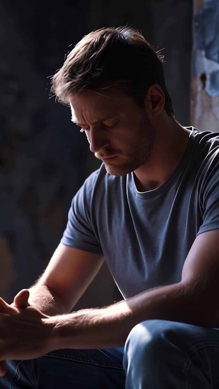 Un momento contemplativo catturato in una stanza poco illuminata, con un giovane uomo assorto nei pensieri, seduto in solitudine con un'atmosfera di riflessione e introspezione.