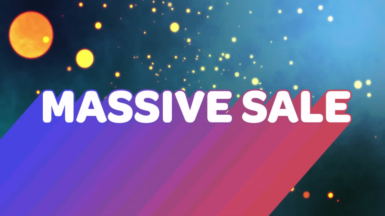 빛나는 입자와 함께 다채로운 그라디언트 배경에 대규모 판매 텍스트 애니메이션