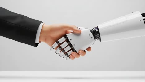 a handshake between human and robot symbolizing collaboration and integrity in the era of advanced technology and artificial intelligence development