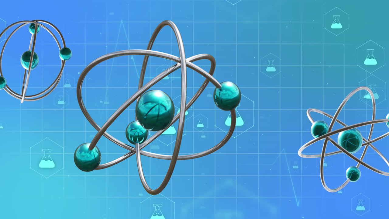 파란색 배경에 화학 아이콘과 원자의 애니메이션