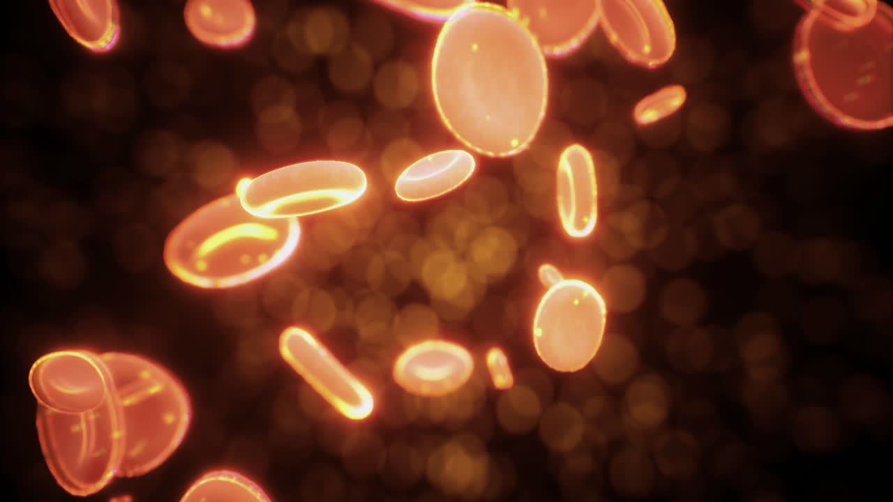 Glowing microscopic view of particles drifting in a dark space