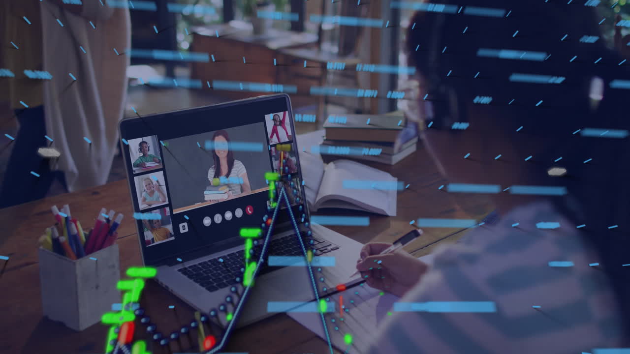 Person attending virtual meeting on laptop with data processing animation overlay
