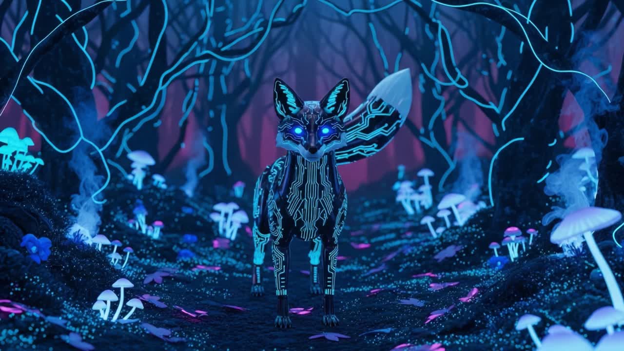 A Mystical Cybernetic Fox Stands Tall Amidst a Bioluminescent Forest, Radiating an Otherworldly Glow Surrounded by Enchanted Flora and Unseen Mysteries