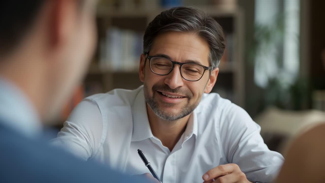 Consulente che inizia una consulenza, sorride e prende appunti con una penna alla scrivania dell'ufficio