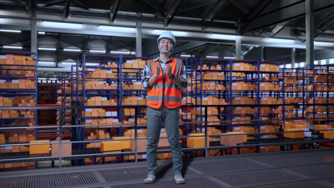 Full Body Of Asian Male Engineer With Safety Helmet Standing In The Warehouse With Shelves Full Of Delivery Goods. Smiling To The Camera And Clapping Hands In The Storage