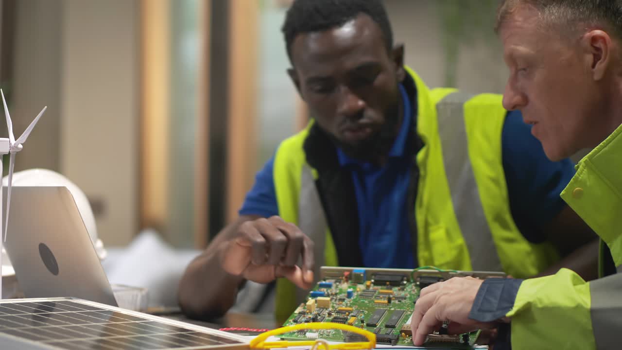 Two American male engineers, sitting in a modern office, analyze work on renewable energy technology using solar energy and electric wind turbines. Concept of technology and environment