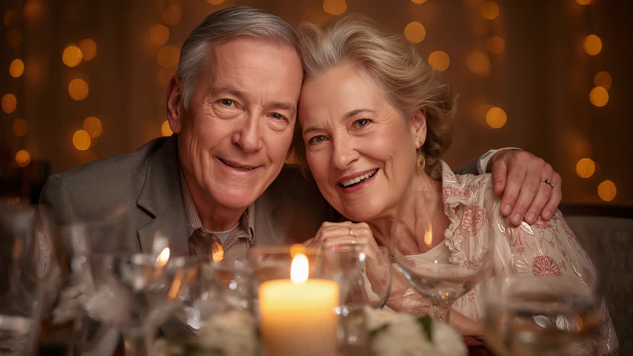 Draping arm, jacketed man pulling woman in blouse closer celebrating dinner with candle, glassware