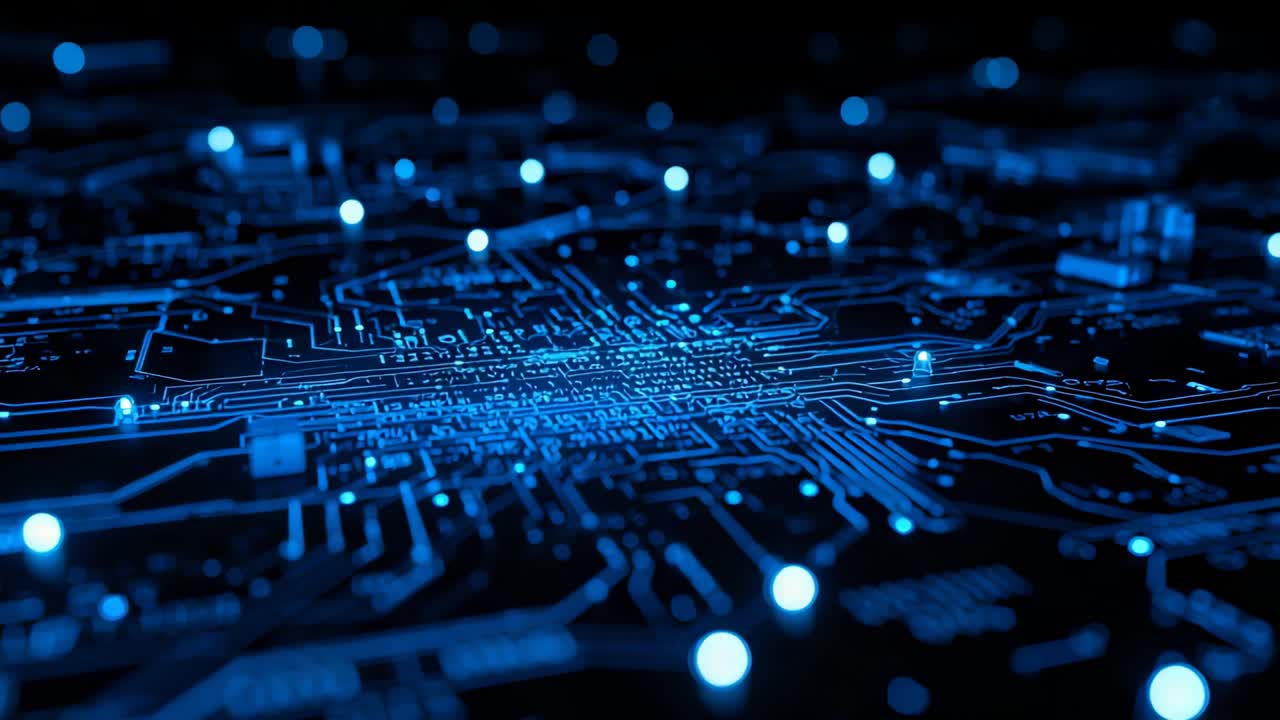 Camera gliding across microchip circuit board in simulation with pulsing nodes transferring data