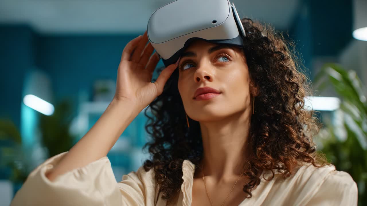 Esplorando il futuro: una giovane donna con i capelli ricci che utilizza la tecnologia di realtà virtuale, immersa in un'esperienza digitale mentre modifica il suo visore VR in una stanza moderna