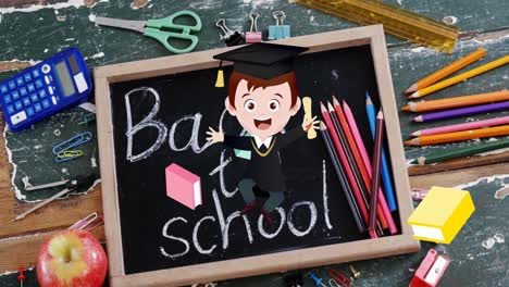 Animation-of-excited-schoolboy-and-books-moving-over-chalkboard-with-back-to-school-text-on-desk
