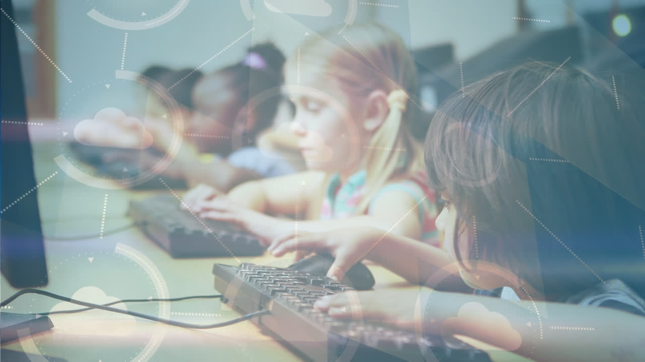 animation d'un réseau de connexions entre différents élèves utilisant des ordinateurs à l'école