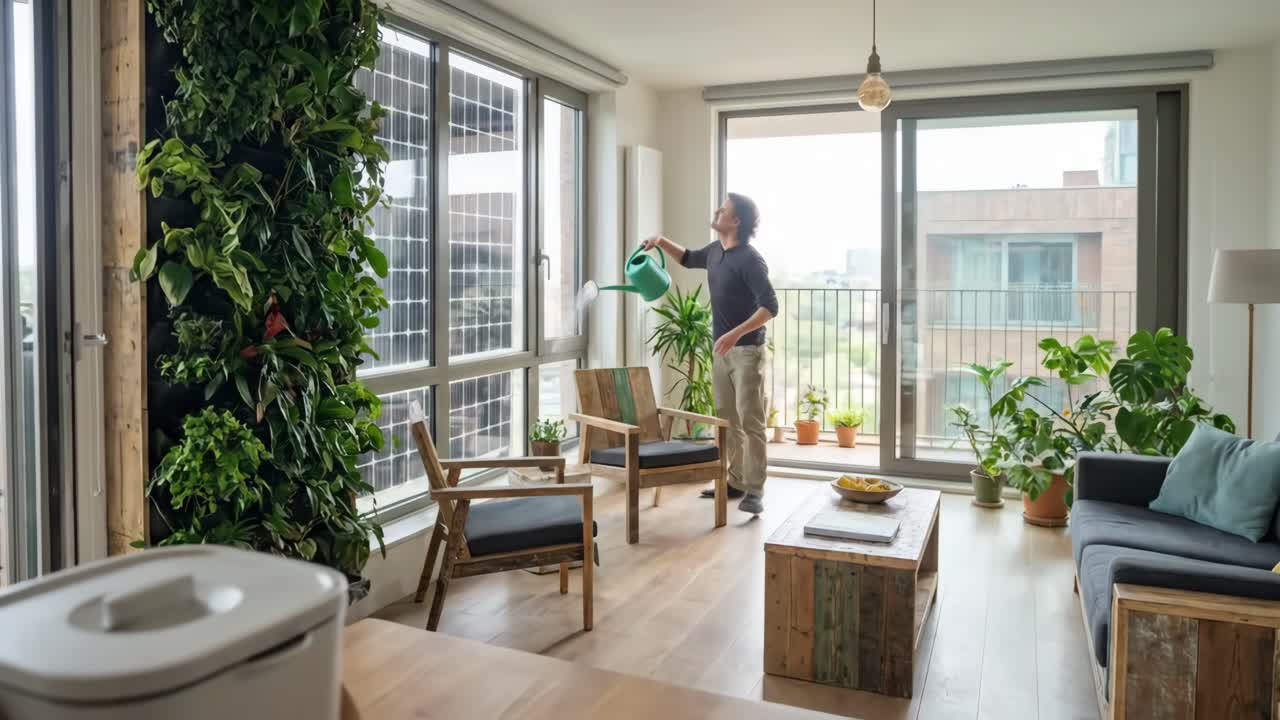 Uomo che annaffia piante da interni e un giardino verticale in un appartamento moderno