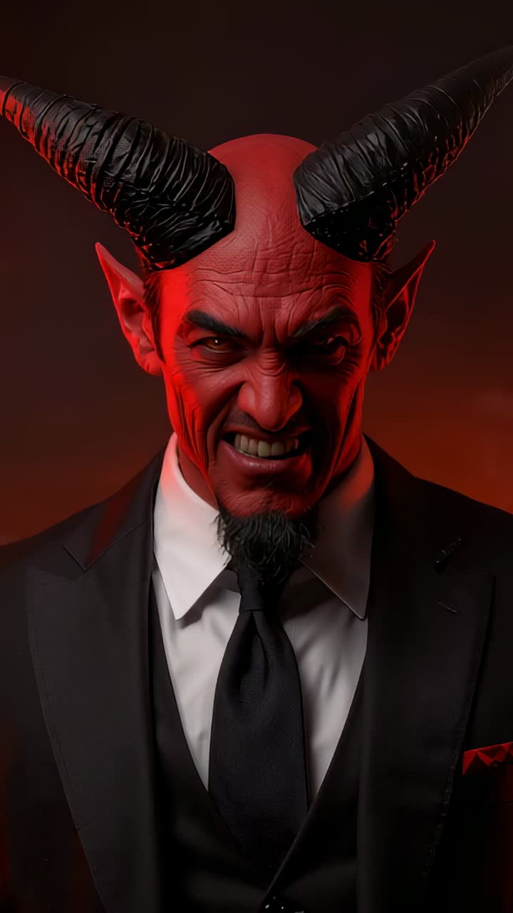 Vertical video: Recording starting red-skinned horned demon posing at studio with red pocket square