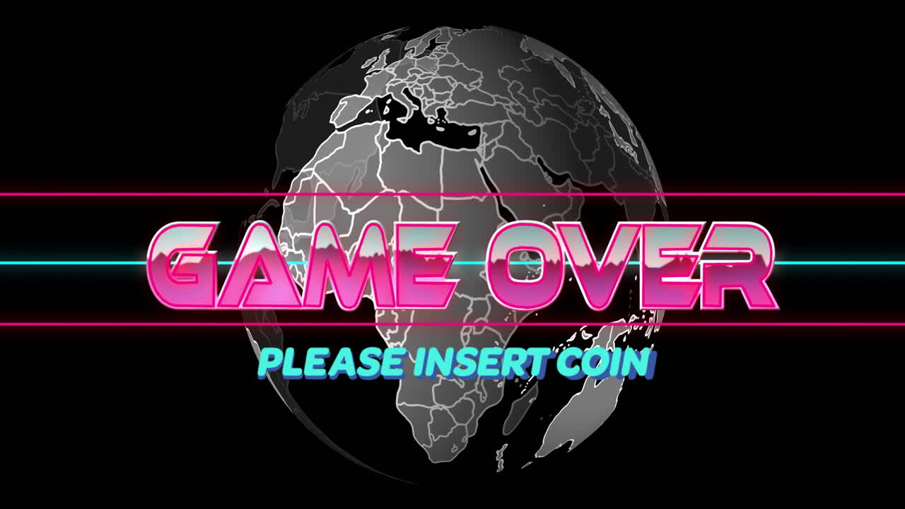 Animation of retro game over text with please insert coin on globe illustration