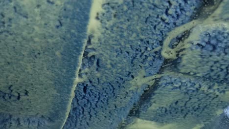 blue cloth strips slap at a car windshield in soap as it travels through an automatic tunnel carwash