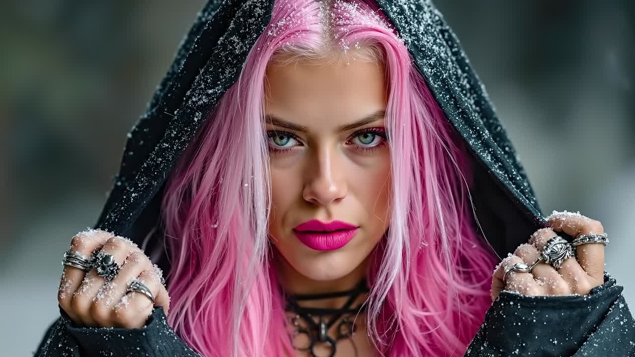 A woman with pink hair wearing a black hoodie in the snow