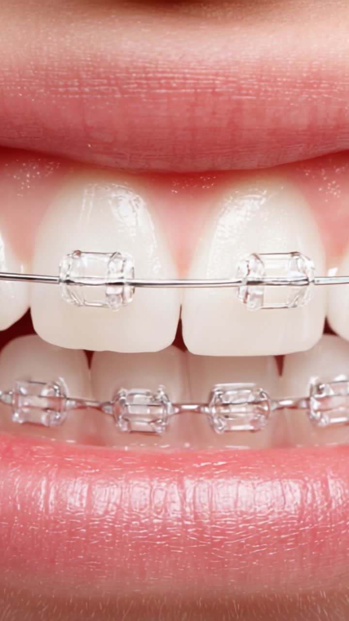 Close-Up of a Beautiful Smile Featuring Clear Braces and Healthy Teeth, Emphasizing Dental Aesthetics and Oral Hygiene in Orthodontic Care