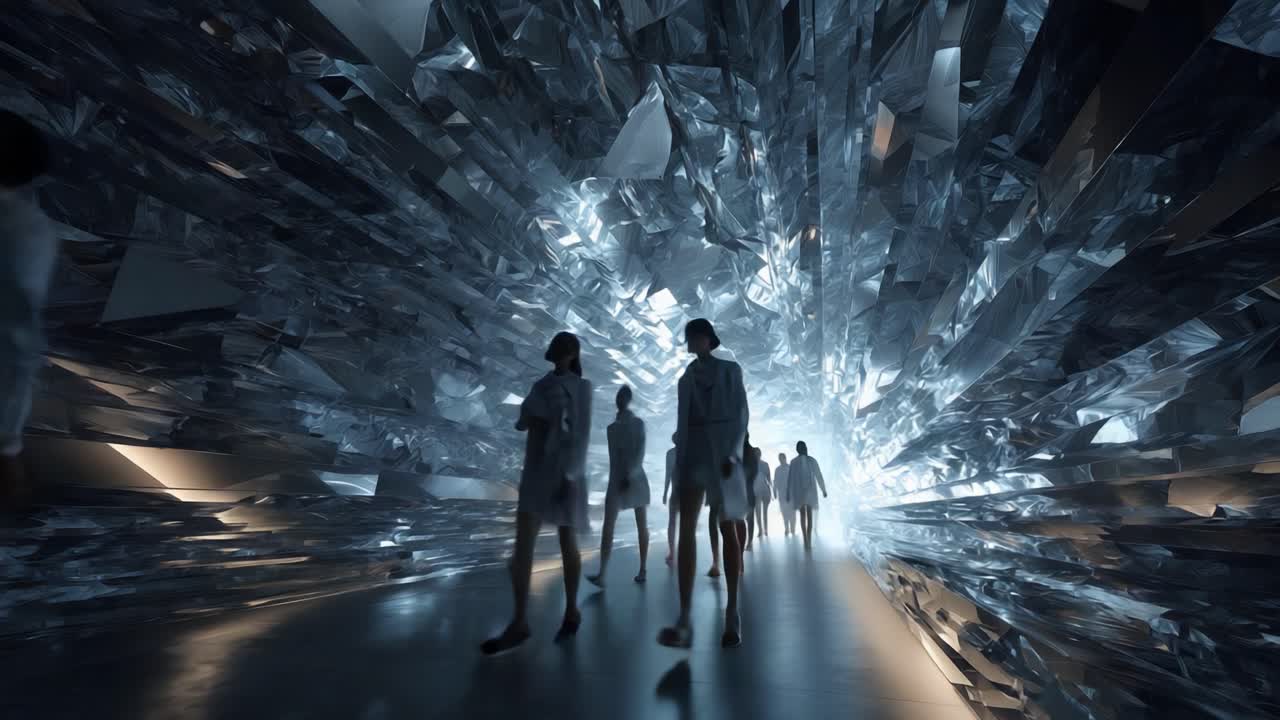 People walking through a futuristic crystal tunnel