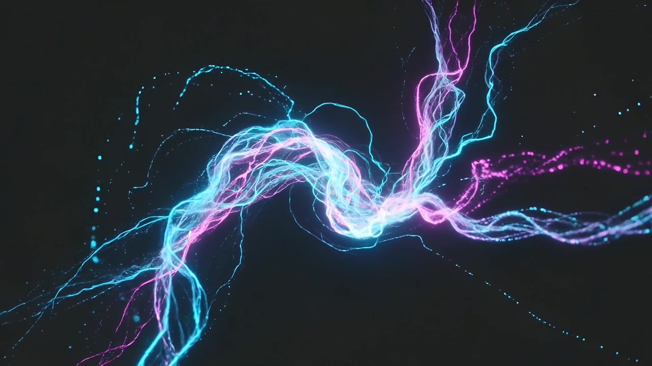 Entering edges, cyan and magenta ribbons converging at central void, pulsing core emitting sparks