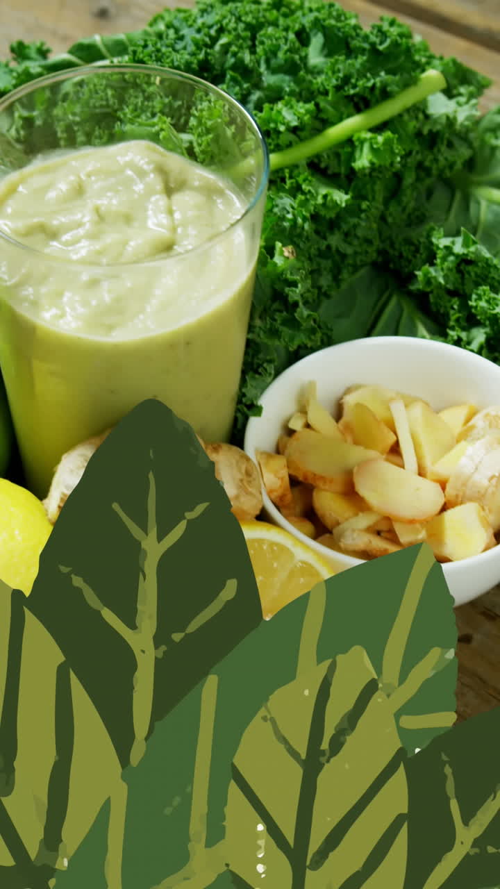 animación de iconos de hojas sobre verduras y bebidas saludables