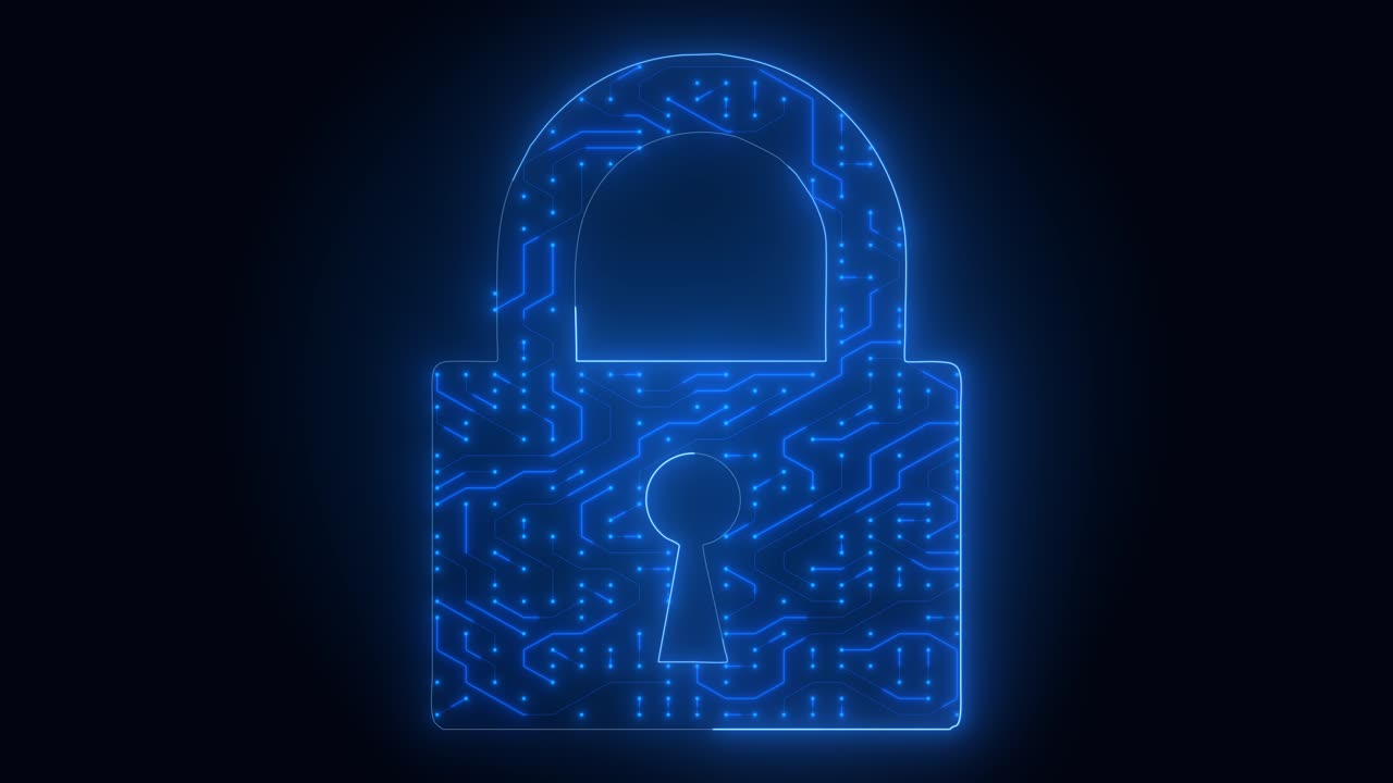 Cybersecurity Lock Icon: Seamless Motion Animation of Hi-Tech Padlock Protection with Circuitry and Neon Glow
