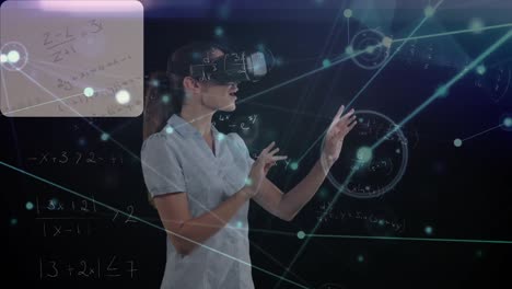 animation of data processing over caucasian women using vr headset