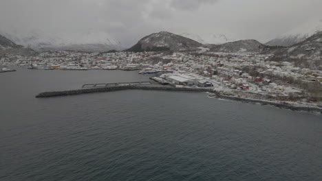 aerial view of skjervoy village during winter in norway - drone shot