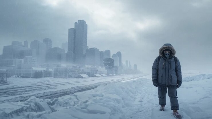 Emerging from right edge man in parka marching onto frozen shoreline to reach center with goggles